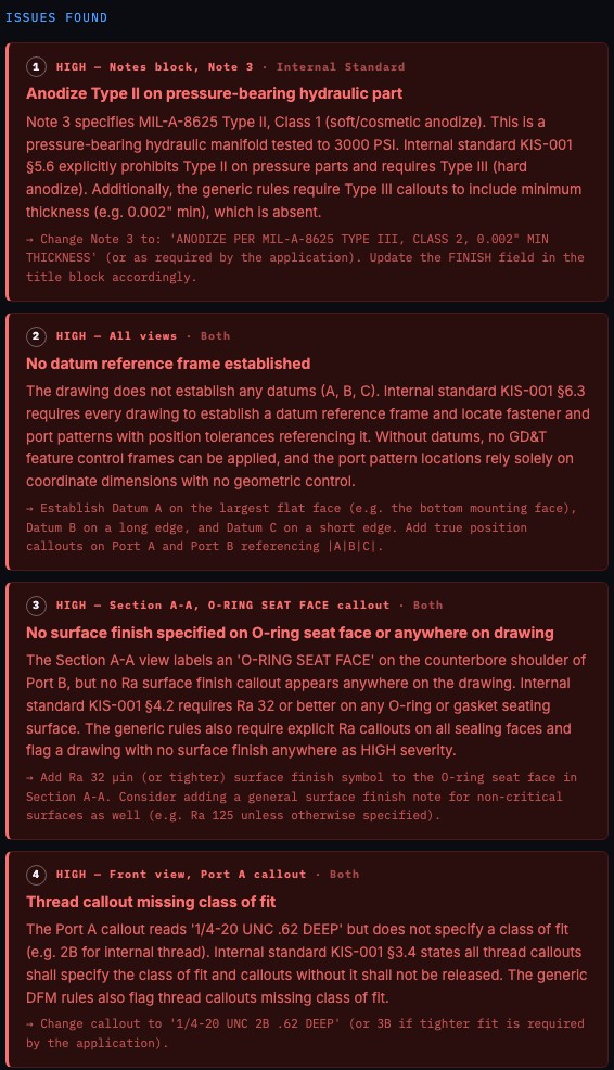 Numbered findings, each with severity, location, explanation, and a specific recommended fix