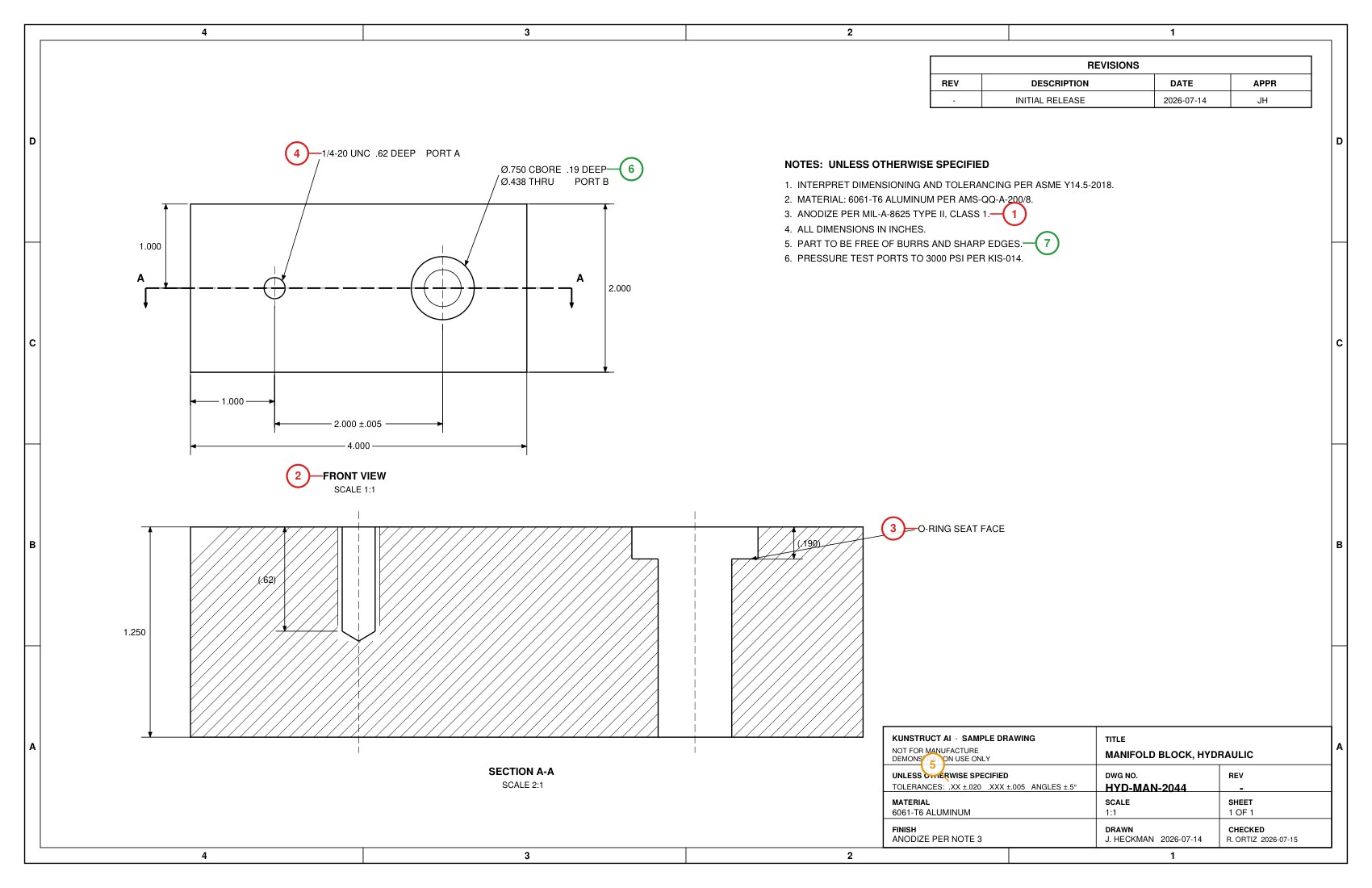 An engineering drawing marked up by Kunstruct with numbered, severity-coloured findings placed on the callouts they relate to
